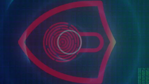 Animation of circles over padlock in shied against computer language on blue Stock Footage 312533844