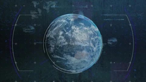 Animation of circles over soundwaves and computer language against globe in Stock Footage 310978515