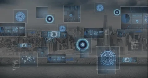 Animation of circles, radar, globes and computer language, sea, modern cityscape Stock Footage 325703963