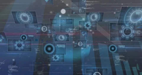 Animation of circles on screens floating over glitch and human head model Stock Footage 329026423