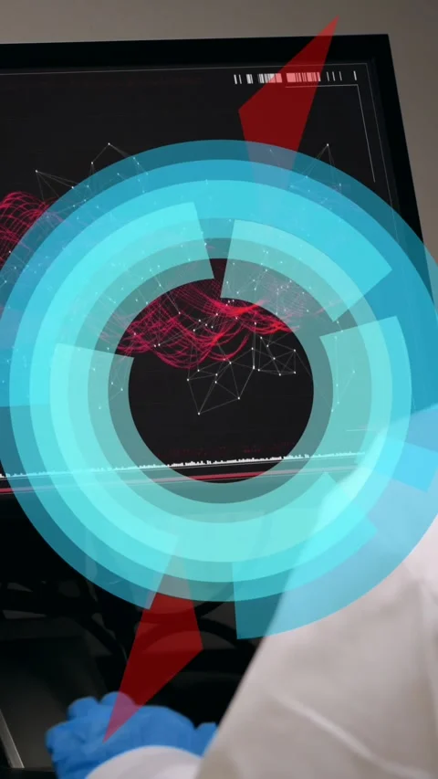 Animation of circles spinning over female scientist using computer Stock Footage 343955752