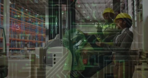 Animation of circuit board and data processing over diverse people working in Stock Footage 328919115