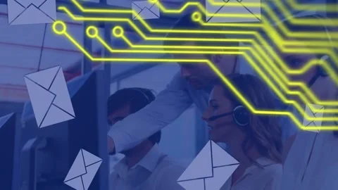 Animation of circuit board and mail envelope icons over business people using Stock Footage 156569620
