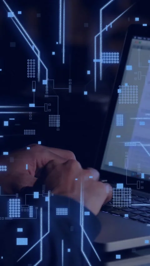 Animation of circuit board with data processing over male hacker using laptop Stock Footage 342802370