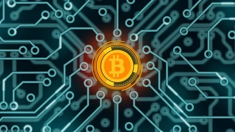Animation of circuit board with data transfer going to bitcoin sign. Stock Footage 125936875