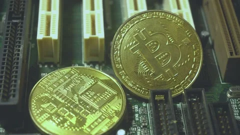 Animation of circuit board with data transfer going to bitcoin sign.Ukraine Stock Footage 161658778
