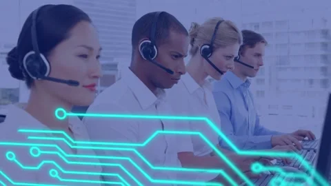 Animation of circuit board elements over business people using phone headsets Stock Footage 156569597