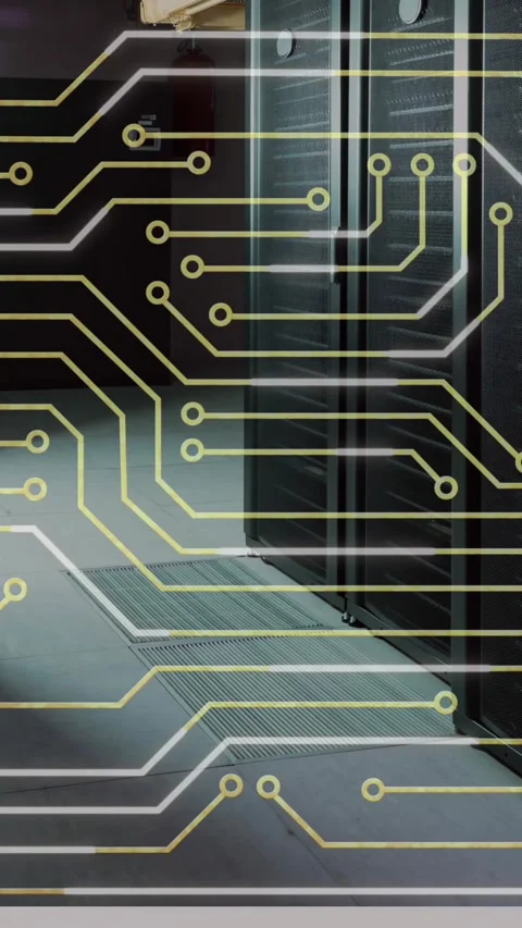 Animation of circuit board pattern against data server racks in server room Stock Footage 344783332