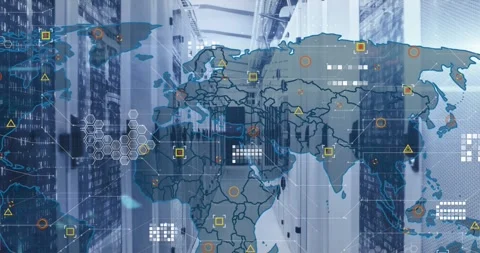 Animation of circuit board pattern and map over binary codes on server racks in Stock Footage 247907951