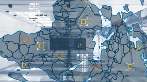 Animation of circuit board pattern and map over server room in background 库存影片 312489029