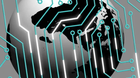 Animation of circuit board pattern and rotating globe over gray background 스톡 동영상 313039118