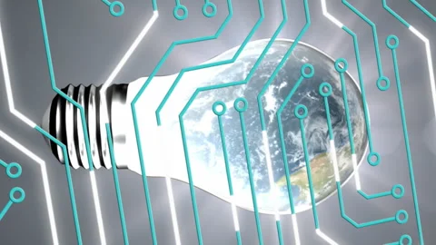 Animation of circuit board pattern and globe in illuminated light bulb against 스톡 동영상 314614664