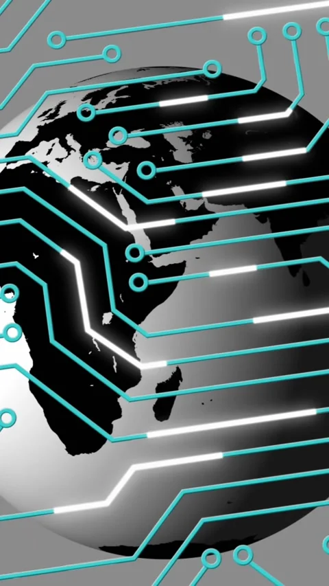 Animation of circuit board pattern and rotating globe over gray background 스톡 동영상 321039550