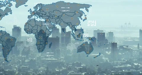Animation of circuit board pattern and geometric shapes over modern city against Stock Footage 328145695