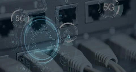 Animation of circuit board pattern and padlocks in shield and icons, 5g text, 스톡 동영상 328586803