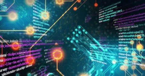 Animation of circuit board pattern and computer language over black background Stock Footage 329110451