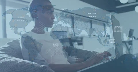 Animation of circuit board pattern and map over thoughtful african american Stock Footage 330871689