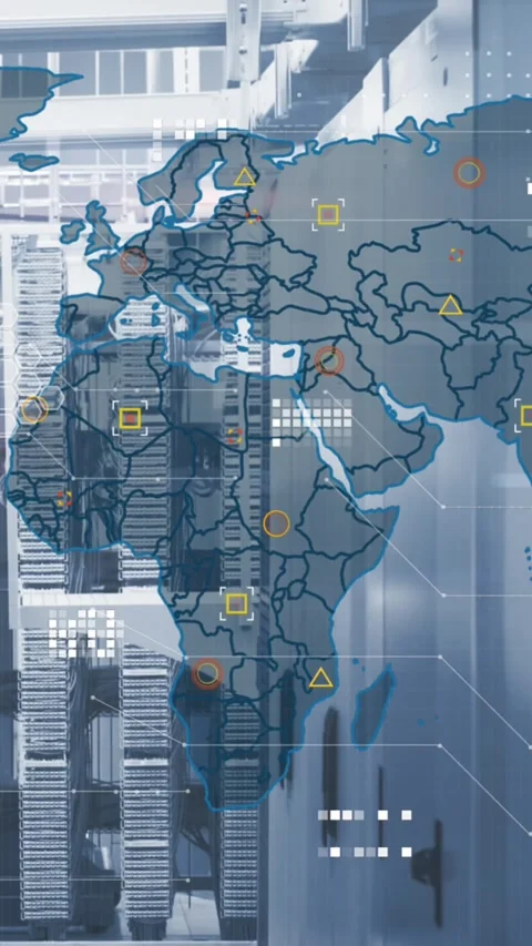 Animation of circuit board pattern and map over bars on data server system in Stock Footage 343902544