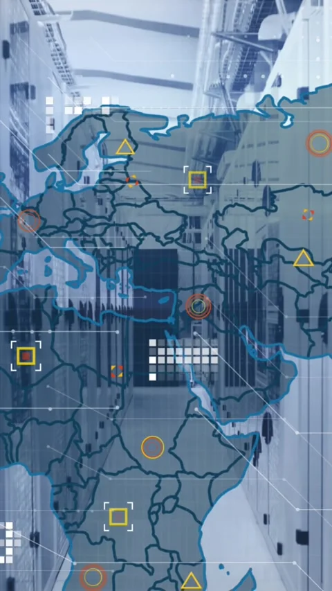 Animation of circuit board pattern and map over binary codes on server racks in 動画素材 343955909