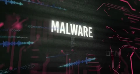 Animation of circuit board pattern around malware text over computer language Stock Footage 242067735