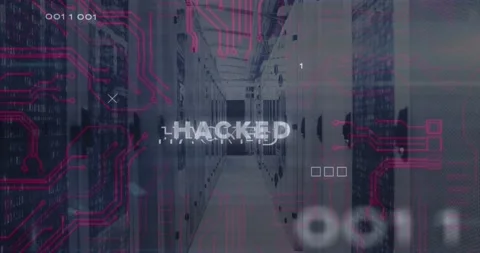 Animation of circuit board pattern around hacked text over binary codes on Stock Footage 247123936