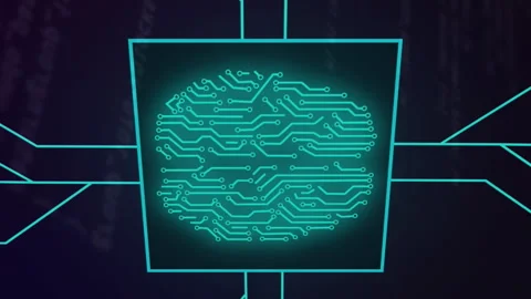 Animation of circuit board pattern around brain over computer language against Stock Footage 313378133