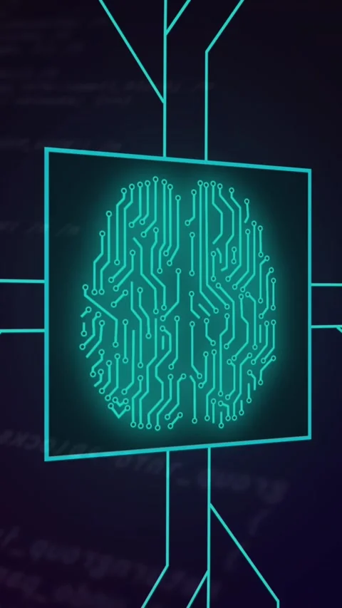 Animation of circuit board pattern around brain over computer language against Stock Footage 321440837