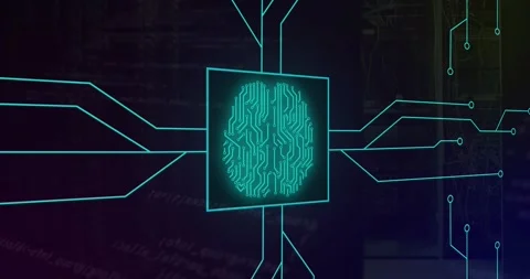 Animation of circuit board pattern around brain over computer language against Stock Footage 329127305