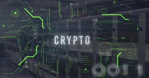 Animation of circuit board pattern, binary codes and crypto text over server Stock Footage 249722218