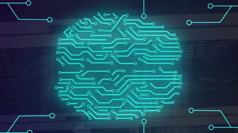 Animation of circuit board pattern brain over data server systems in server room 库存影片 313018050
