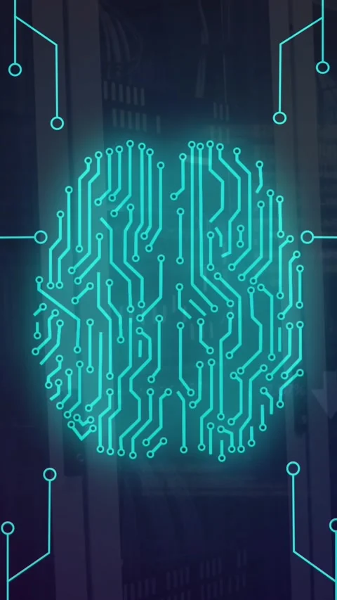 Animation of circuit board pattern brain over data server systems in server room Stock Footage 320983951