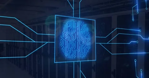 Animation of circuit board pattern brain over data server racks in server room Stock Footage 327003339