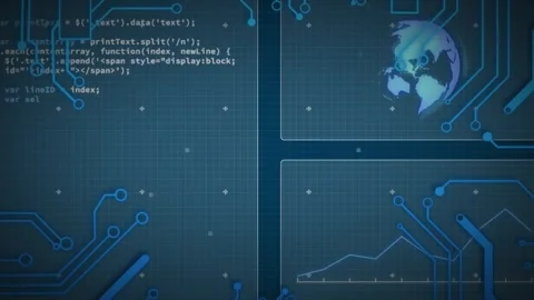 Animation of circuit board pattern, computer language and globe over blue Stock Footage 247919718