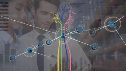 Animation of circuit board pattern, connected icons, multiracial managers Stock Footage 221007444