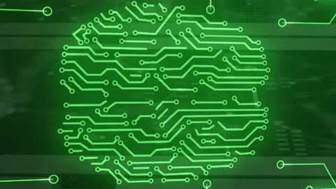 Animation of circuit board pattern forming brain over connected dots on server 库存影片 312525558