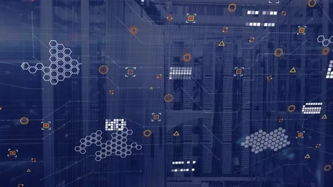 Animation of circuit board pattern, geometric shapes over server racks in server 库存影片 327063572