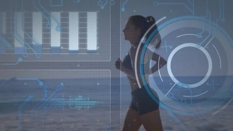 Animation of circuit board pattern, graph and circles over caucasian women Stock Footage 242024833