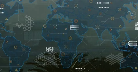 Animation of circuit board pattern on map over aerial view of fog covered modern Stock Footage 247316738