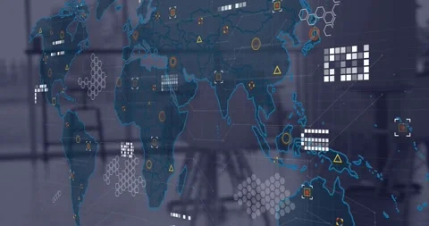Animation of circuit board pattern on map and geometric shapes over empty office Video stock 329979390