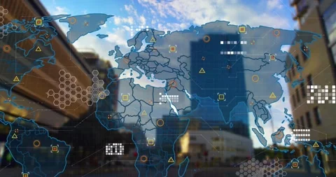 Animation of circuit board pattern on map, low angle view of buildings and Stock Footage 330591138