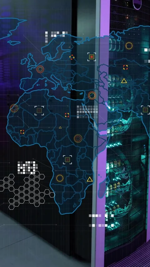 Animation of circuit board pattern on map over data server racks in server room Stock Footage 343082729