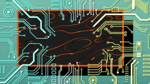 Animation of circuit board pattern over abstract pattern in rectangle against Stock Footage 244785583