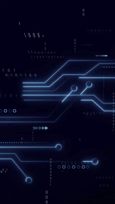 Animation of circuit board pattern over binary codes and connected dots on black Stock Footage 321216332