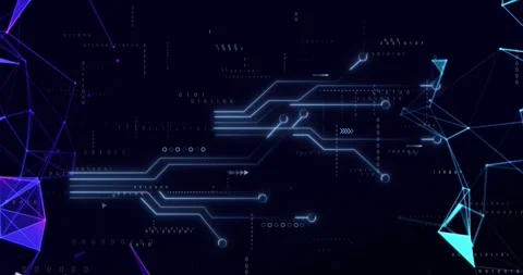 Animation of circuit board pattern over binary codes and connected dots on black Stock Footage 326034557