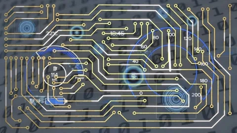 Animation of circuit board pattern over speedometers against binary codes in Stock Footage 326757066