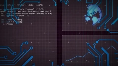 Animation of circuit board pattern over globe and computer language against Stock Footage 328586923