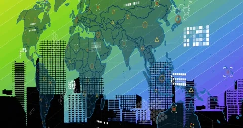 Animation of circuit board pattern over map against digital buildings on Stock Footage 328934585
