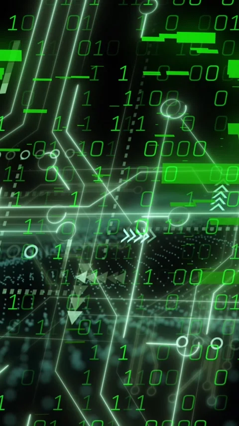 Animation of circuit board pattern over arrows, bars and binary codes against Stockbeeldmateriaal 344706340