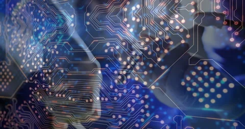 Animation of circuit board pattern overlaying blue and black background with Видео 303415148