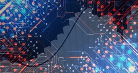 Animation of circuit board pattern overlaying abstract gear and graph design Stock Footage 303431623